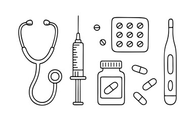 First aid kit Doodle style. Hand drawn black and white isolated icon. Coloring page, art therapy, line art, logotype. Vector illustration