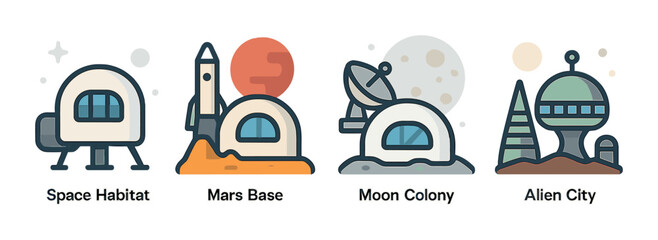 Space habitat designs: mars base, moon colony, alien city illustrations
