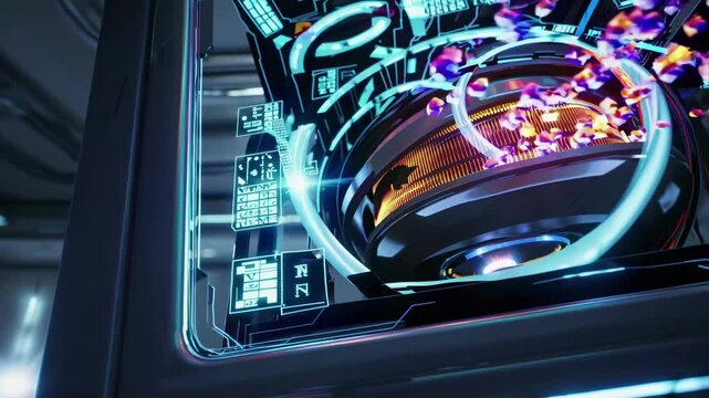 Futuristic video concept with a close-up angle of a glowing, high-tech device emitting vibrant particles, set in a sleek, sci-fi laboratory.