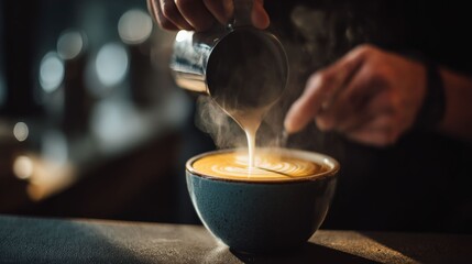 Latte Art Pour: A close-up shot captures a barista expertly pouring steamed milk into a cup of coffee, crafting a perfect latte. The artistry is evident in the intricate patterns created.