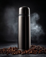 Coffee Thermos: A stylish thermos stands amid a bed of roasted coffee beans, its metallic surface gleaming. Steam wisps gently, suggesting the warmth and rich aroma of the beverage within. 