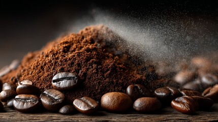 Coffee beans: aromatic coffee beans next to fresh ground coffee, revealing the deep, rich essence of this globally cherished beverage. 