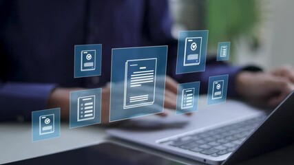 Document management concept. Businessman use laptop to paperless online approval for business process workflow illustrating management approval and project approve. - Powered by Adobe