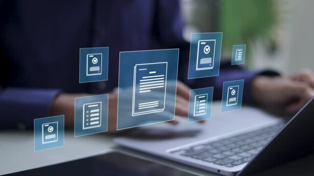 Document management concept. Businessman use laptop to paperless online approval for business process workflow illustrating management approval and project approve.