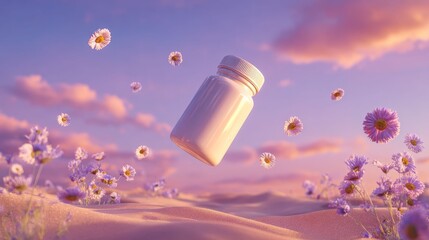 Serene Pills: A pristine pill bottle floats gracefully amidst a dreamy landscape of softly lit desert dunes and delicate blossoms. This ethereal composition evokes tranquility and gentle healing.