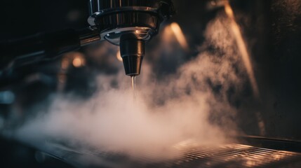 Espresso Machine in Action: A close-up view captures the art of coffee-making as a powerful espresso machine steams, showcasing its intricate machinery and the process of brewing perfect espresso.