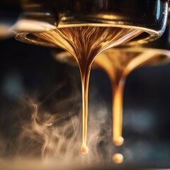 Aromatic Essence: Close-up on rich, dark espresso pouring from the machine. Steam curls and dances. An artistic display, capturing the aroma.
