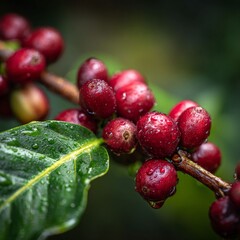 Coffee Cherries on Branch: a detailed shot of coffee cherries on branch with green background. captured the vibrant red berries, with dewdrops enhancing their natural beauty.