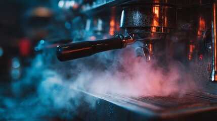 The Art of Espresso: A professional espresso machine, steam rising, ready to create a perfect shot of coffee with this shot. The photograph evokes a sense of warmth.