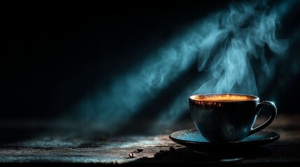 Steaming Coffee Serenity: A close-up of a cup of coffee in a moody setting, where the steam rising creates a sense of warmth and relaxation in a dim and cozy atmosphere.