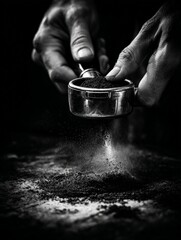 Espresso Extraction: Intimate, black and white portrayal of skilled hands meticulously dosing coffee grounds, capturing the precise moment of their release.