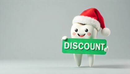 Cute dental character in festive Santa hat with a sale sign