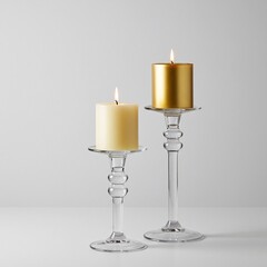 Elegant pair of burning pillar candles on clear glass candlesticks creating a warm, inviting ambiance for any special occasion or home decor.