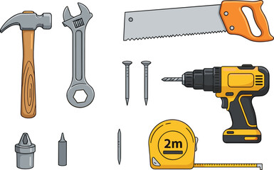 Handy tools and home improvement items collection with hammer, saw, wrench, and tape measure for building and repair projects