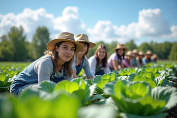 Happy Agricultural Worker Looking Up While Tending to Vegetable Crops
