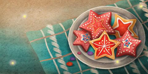 Christmas star shaped cookies on plate with colorful candy on holiday tablecloth for cozy lifestyle celebration