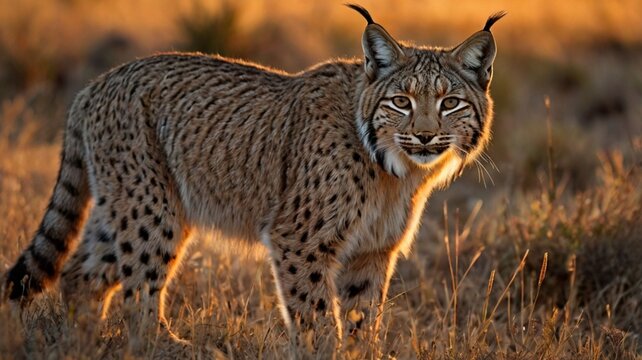 The Iberian Lynx creeps slowly through tall, dry grass glowing in sunset light. 