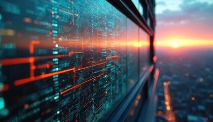 Digital data interface reflects on modern glass skyscraper. Futuristic code elements, glowing lines cover building facade. Smart city concepts merge with urban sunset view. Big data flow creates tech