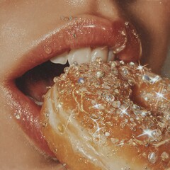 Closeup of Person Biting Golden Caramel Candy Covered in Sparkling Rhinestones with Glossy Lips and Teeth
