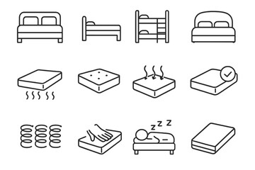 Bed and Mattress Line Icons Set for Web and Apps, Editable Stroke Vector Illustration of Beds, Mattresses, Springs, Comfort Features, and Sleep Concepts for Books, Cards, and Digital Use