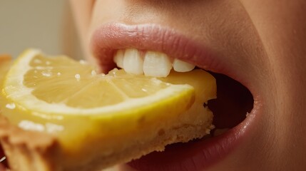 Close-up of Person Biting Lemon Slice with Lips and Teeth Visible
