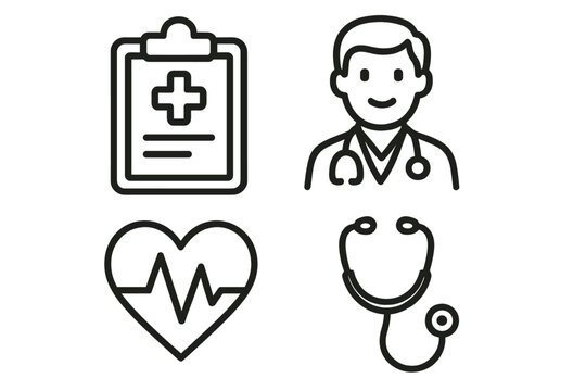 Medical and healthcare icon set. Linear style vector illustration. Doctor, stethoscope, cardiogram heart, and patient chart symbols. Medicine and health concept design elements.