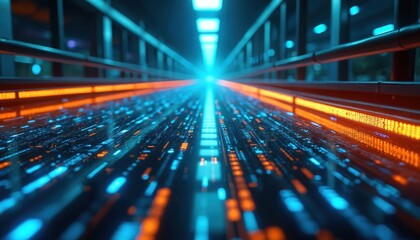 Abstract tech scene with data flow. Cyber tunnel in neon colors. Digital information transfer. Modern cyberspace concept shows processing system. Technology background with glowing lights, futuristic