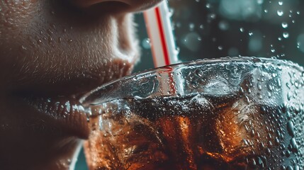 Close-up of Person Drinking Cola with Straw in Glass with Ice and Bubbles