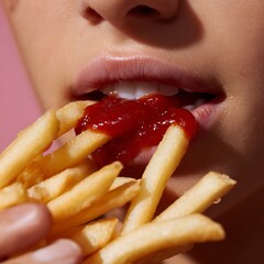 Close-up of Person Eating French Fries with Ketchup Showing Lips and French Fries with Tomato Ketchup