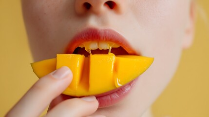 Close-up of Person Eating Fresh Mango Slice with Bright Yellow Color and Juicy Texture