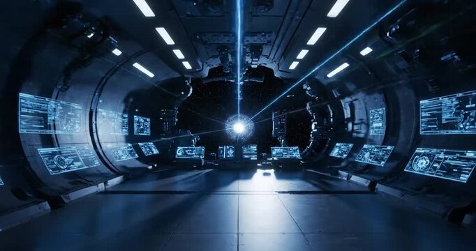 Exploring a Futuristic Blue Technology Room Filled with Pulsating Lights and Computer Stations in a Dim Laboratory Viewpoint