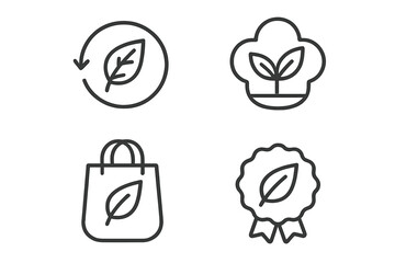 Eco friendly icon set. Organic food and natural product symbols. Sustainable living line icons for green lifestyle. Vegan food, bio packaging, and ecology concepts vector.