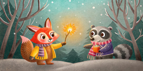 Winter forest holiday lifestyle scene with cute fox and raccoon wearing scarf holding sparkler and hot drink in snow