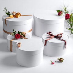 Four white round gift boxes with ribbons and flowers