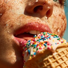 Close-up of Person Eating Ice Cream Cone with Sprinkles in Bright Sunlight