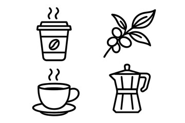 Coffee icon set line art. Vector graphic collection for cafe, menu, apps. Takeaway cup, moka pot, espresso, coffee plant branch. From bean to cup concept illustration.