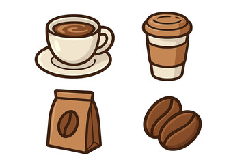 Coffee icon set vector graphic. Minimalist cartoon illustration. Cafe espresso drink symbol. Takeaway cup, beans, paper bag. Beverage caffeine concept for app design element.