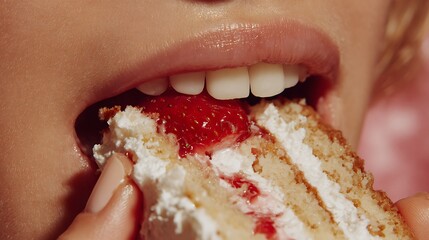 Close-up of Person Eating Strawberry Shortcake with Whipped Cream and Vanilla Cake