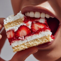 Close-up of Person Eating Slice of Strawberry Shortcake with Bright Colors and Fresh Ingredients