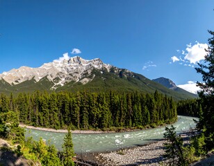 Panoramic view of a mountain range, river, and forest