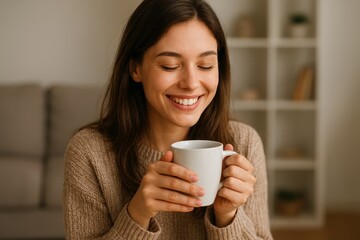 Cozy woman smiling with coffee mug indoors.