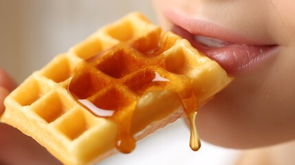 Close-up of Person Eating Waffle with Syrup Showing Lips and Dripping Syrup in Bright Natural Light