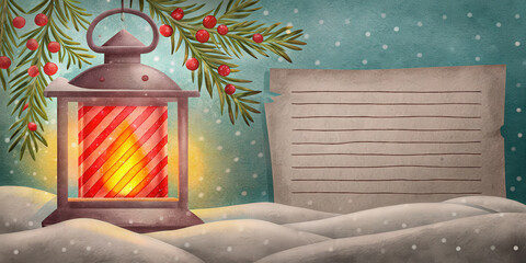Christmas lantern glowing in snow with holiday berries and lifestyle blank paper for message in winter scene