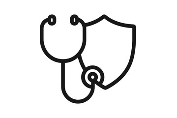 Health insurance icon. Stethoscope and shield symbol. Medical protection and healthcare security concept. Doctor checkup, clinic, hospital logo. Medicine safety guarantee.