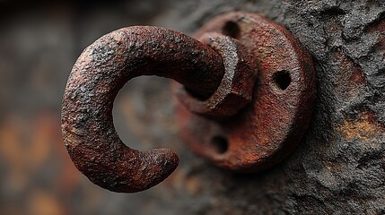 Close-up of Rusted Iron Hook Attached to Corroded Metal Surface