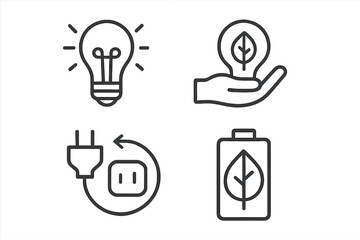 Green energy icon set. Eco friendly power concept. Renewable electricity, sustainable technology. Ecology line icons. Leaf in lightbulb, charging plug, eco battery vector.