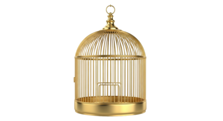 Isolated gold bird cage, ornate and decorative, antique vintage-look birdhouse, indoors decor