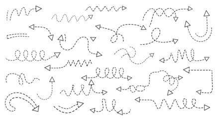 Isolated hand-drawn arrow set with dashed lines, graphic design elements for infographics, sketch