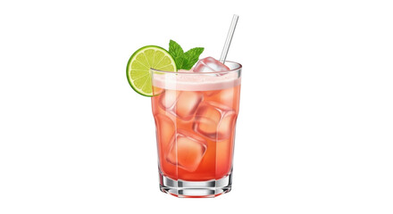 Isolated cocktail with ice, lime slice, mint leaves and a straw, vibrant refreshing drink