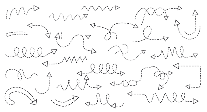 Isolated hand-drawn arrow set with dashed lines, graphic design elements for infographics, sketch
